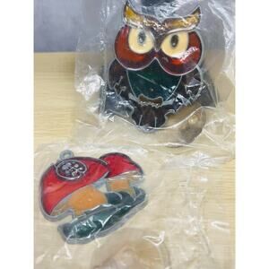 Vintage Suncatcher Stain Glass Owl & Mushroom set of 2 New